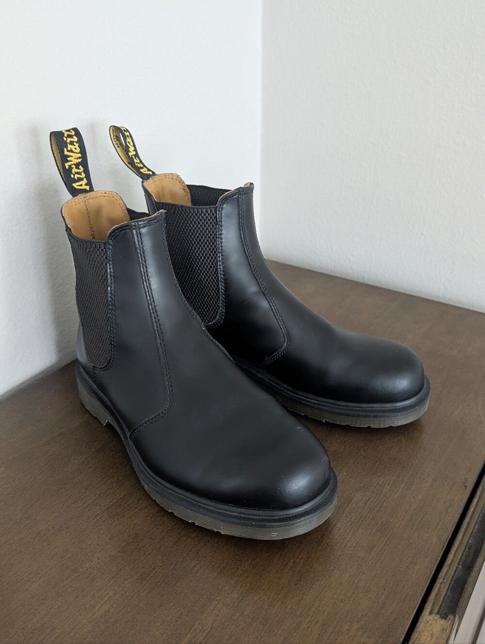 Dr. Martens Black Leather Chelsea Boots with Yellow Heel Loop
